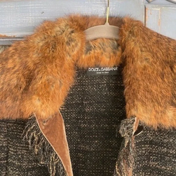 VINTAGE Dolce & Gabbana Tweed Wool Coat Fur Collar Made in Italy Size 42  US 6/8 - Picture 13 of 13